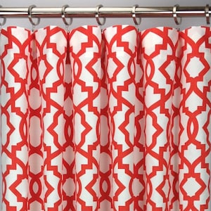 A Pair of Red Trellis Rod-Pocket Curtains - Sheffield Lava - Red and White Curtains - Rod-Pocket - 63 84 96 108 120