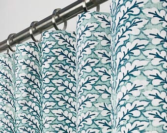 Green Leaf Blackout Curtains - Spencer Blue Springs Linen Look (Custom Size)