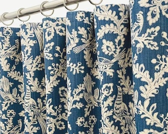 34"/50" Toile Bird Rod-Pocket Curtains Tropical Birds, Blue Drapes, Custom Size Blackout-Cotton Lining Options