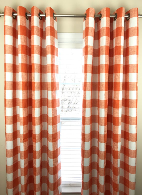 Orange And White Slub Buffalo Check Grommet Curtains Free Etsy