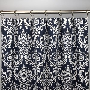 Navy Blue Damask Curtains - FREE SHIPPING - Blue and White Curtains - Blue Floral Curtains - Rod-Pocket - 63 84 96 108 120