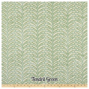 May include: A fabric with a repeating pattern of stylized green and white leaves on a light green background. The text "Tendril Green" is displayed at the bottom of the image. The fabric is suitable for various sewing and crafting projects.