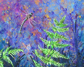 5x7in. Original Painting, Forest, Ferns, Dragonfly, Art by Jasmine Star