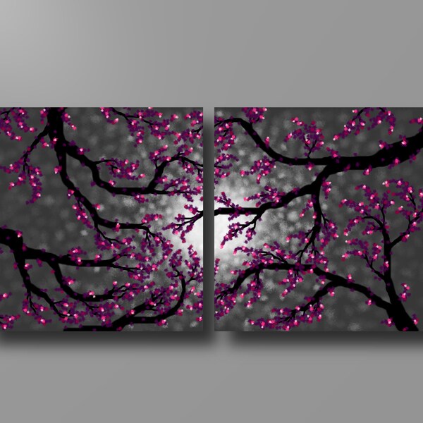 Large Diptych - Original Acrylic Painting - Pink Cherry Blossom Tree - Made to Order - by J.S. Dacus