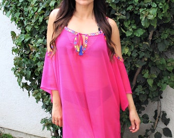 Floral Pink boho beach cover up, caftan, handmade,resort wear, beach wear,swimsuit coverup, Beach coverups, tunic, bohemian chic, kaftan