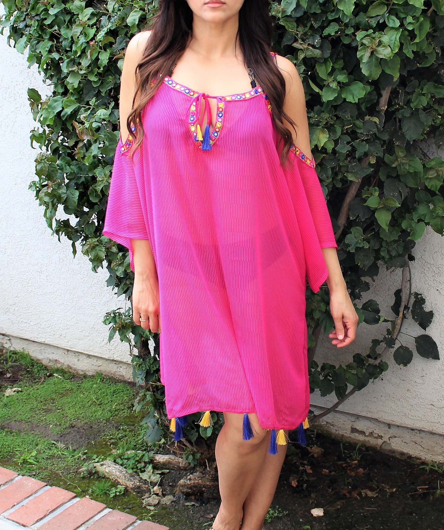 Floral Pink Boho Beach Cover Up Caftan 