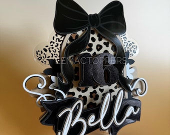 Personalised Leopard Print Cake Topper with Bow | Custom name & Age Topper | Neutral safari Birthday Cake Decor | Sixteen Birthday Topper