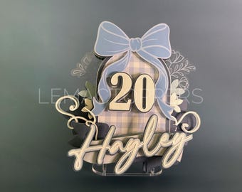 Blue bow birthday cake topper | Personalised name and age | Layered 3D girls birthday cake topper | Custom Party decoration | Teenager party