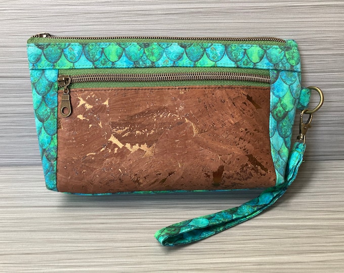 Mermaid wristlet clutch cork gold wallet purse minimalist cellphone wallet smartphone wallet iphone wallet ocean fish scales dragon