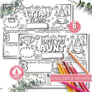 Página para colorear de feliz cumpleaños, tía / Plantilla para completar con todo sobre mi tía para imprimir / Actividad de agradecimiento a la tía / Tarjeta de tía para niños
