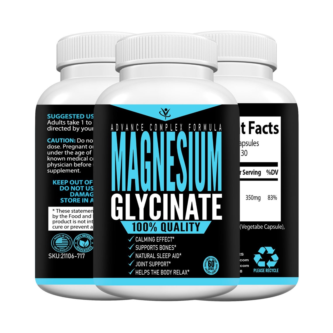 Magnésium Glycinate Dietetic Supplement Made In USA 60 Etsy