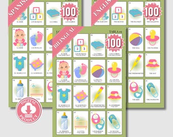Baby Shower Loteria 100 kart hiszpańsko-angielskich/karty Loteria/meksykańskie Baby Shower/Baby Loteria/juegos baby shower/juegos español