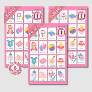 バイリンガル ベビーシャワー ロッテリア / ビンゴ、100 枚の繰り返しのないタブラ (ボード) と 64 枚のコーリング カード (バラハ) 付き | デジタル ダウンロード