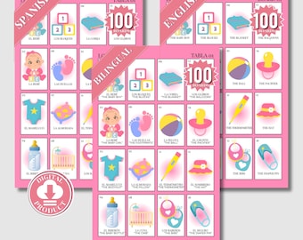 Dwujęzyczna loteria / bingo na baby shower ze 100 niepowtarzalnymi tablicami (tablicami) i talią 64 kart wizytowych (Baraja) | Pobieranie cyfrowe