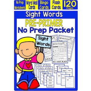120 枚の印刷可能な「Let&#39;s Learn 1st Sight Words」ワークシート。幼稚園から 1 年生までの手書きとスペルのアクティビティ。