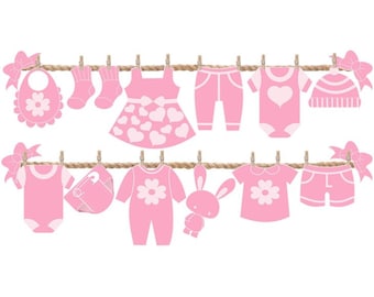 Decoraciones Para Baby Shower De Niña  - Ideas De Decoración Para Baby Shower - Adornos De Pared - Fiesta - Banner Rosa - Tendedero de Ropa