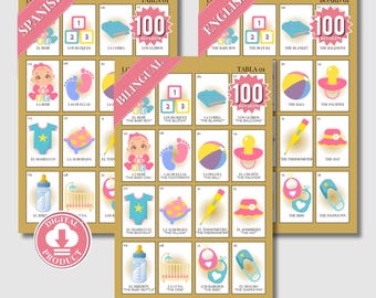 Dusty Gold Boho Minimalist Baby Shower Loteria Game, Meksykańska Loteria, Niebieska Baby Shower Loteria, Dwujęzyczna, 100 Graczy, Canva