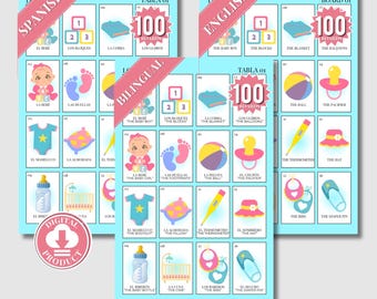 Lotería Baby Shower w języku angielskim i hiszpańskim. Juego na baby shower. PDF do zaimportowania. Bingo na baby shower. Angielski i hiszpański. Natychmiastowe pobieranie