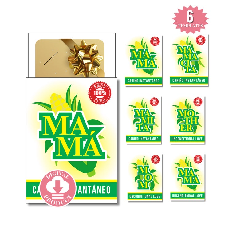 Peut inclure: Un produit num&eacute;rique avec le mot "MAMA" en vert, et un graphisme de ma&iuml;s. Le design comprend le texte "Cari&ntilde;o Instant&aacute;neo" et "Unconditional Love" sur divers mod&egrave;les. Une carte-cadeau avec un n&oelig;ud dor&eacute; est &eacute;galement pr&eacute;sente.
