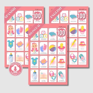 Könnte beinhalten: Eine rosa und weiße Babyparty-Bingo-Karte mit 100 Feldern. Die Felder zeigen Bilder von Babyartikeln wie einer Babyflasche, einem Kinderbett, einem Schnuller und einem Hut. Die Karte ist in Spanisch und Englisch.
