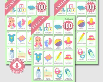 Baby loteria Printed. Lotería para baby shower. Meksykańska gra loteryjna na baby shower w języku hiszpańskim. Bingo na baby shower. Juegos baby shower.