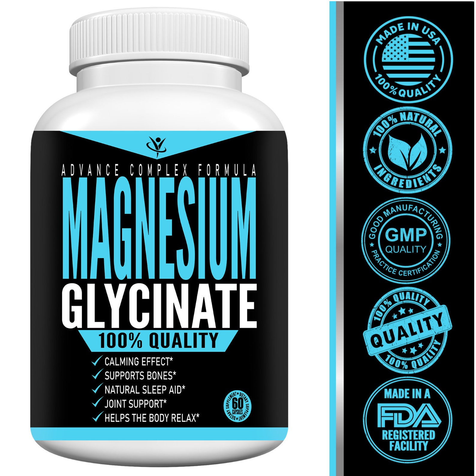 Magnésium Glycinate Dietetic Supplement Made In USA 60 Etsy