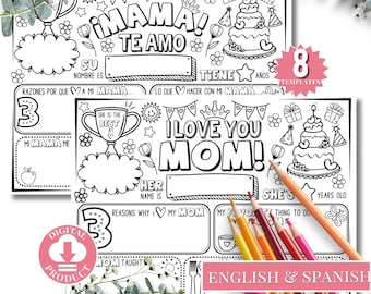 Happy Birthday Mom Coloring Page | Happy Birthday Mom Placemat Activity Sheet | All About Mom Fill-in-blanks | Happy Birthday Mom Card