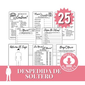 Op de afbeelding: Een set van 25 printbare spellen voor een vrijgezellenfeest. De spellen zijn in het Spaans en bevatten titels zoals "¿Qué hay en tu cartera?" en "Bingo El Novio".