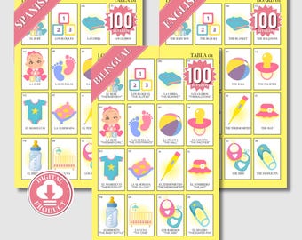 Dwujęzyczna loteria / bingo na baby shower ze 100 niepowtarzalnymi tablicami (tablicami) i talią 64 kart wizytowych (Baraja) | Pobieranie cyfrowe