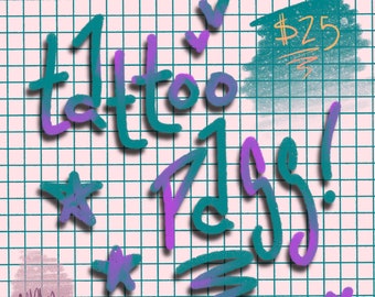 Puede incluir: Un diseño gráfico rosa y azul verdoso sobre un fondo cuadriculado con el texto "1 tattoo pass!" y "25 €".