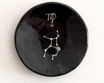 Virgo Zodiac Constellation Black Pottery Ring Dish, Valentines Gift