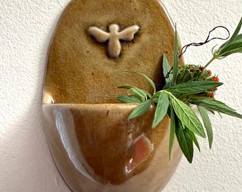 Handmade Ceramic Wall Pocket – Honey Gold Bee Decor, Air Plant Holder, Key Holder, Altar