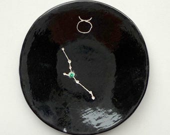 Taurus Zodiac Constellation Black Ceramic Ring Dish, Valentines Gift