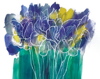 Irises - Watercolor and pen, print, flower art, irises, botanical art, spring, home decor, 8x10, 11x14