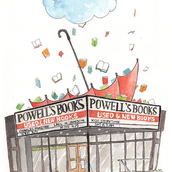 Powell's Book 2018 Joy Cha, Portland, Locations, Bookstore, Art, Illustration, Watercolor, Pen, Gouache, Raining Books, Prints