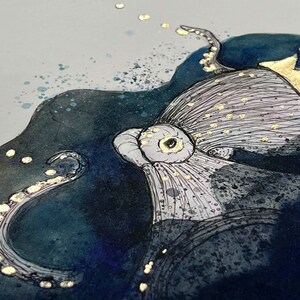Octopus Art with 18kt Gold Ink | THE QUEEN | 18kt Gold Pen | Wall Decor | Watercolor | Nautical Art, Illustration