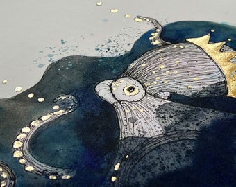 Gold Leaf Octopus Art Print: Signed Nautical Watercolor Illustration