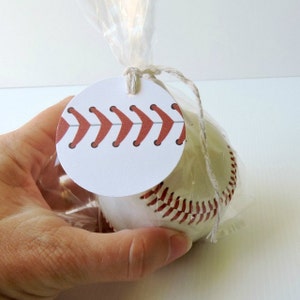 Baseball gift tags - red baseball gift tags, 2 inch 5cm circle, set of 6, 10 or 14 tags.  Party bag, team party, end of season, coaches gift