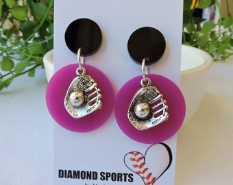 Team colours baseball earrings, earrings in team colours, supporter earrings, baseball mum, black and purple, choose your charm