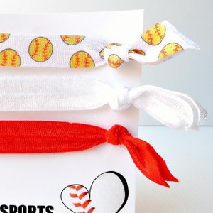 Softball hair ties snagless hair ties set 3 softball, plain red, plain white elastic image 3