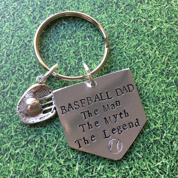 Baseball Dad - The Man, The Myth, The Legend - Dad gift baseball keyring - home plate metal stamped baseball charm key ring, keychain