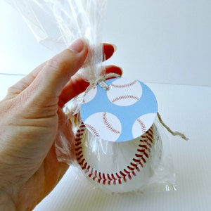 Baseball gift tags - light blue baseball gift tags, 2 inch 5cm circle - set of 6, set of 10, set of 14.  Party bag, team gift, end of season