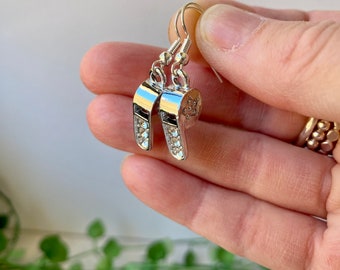 3D netball umpire whistle earrings -  silver plated 3D whistle charm with crystals on hypoallergenic hook.
