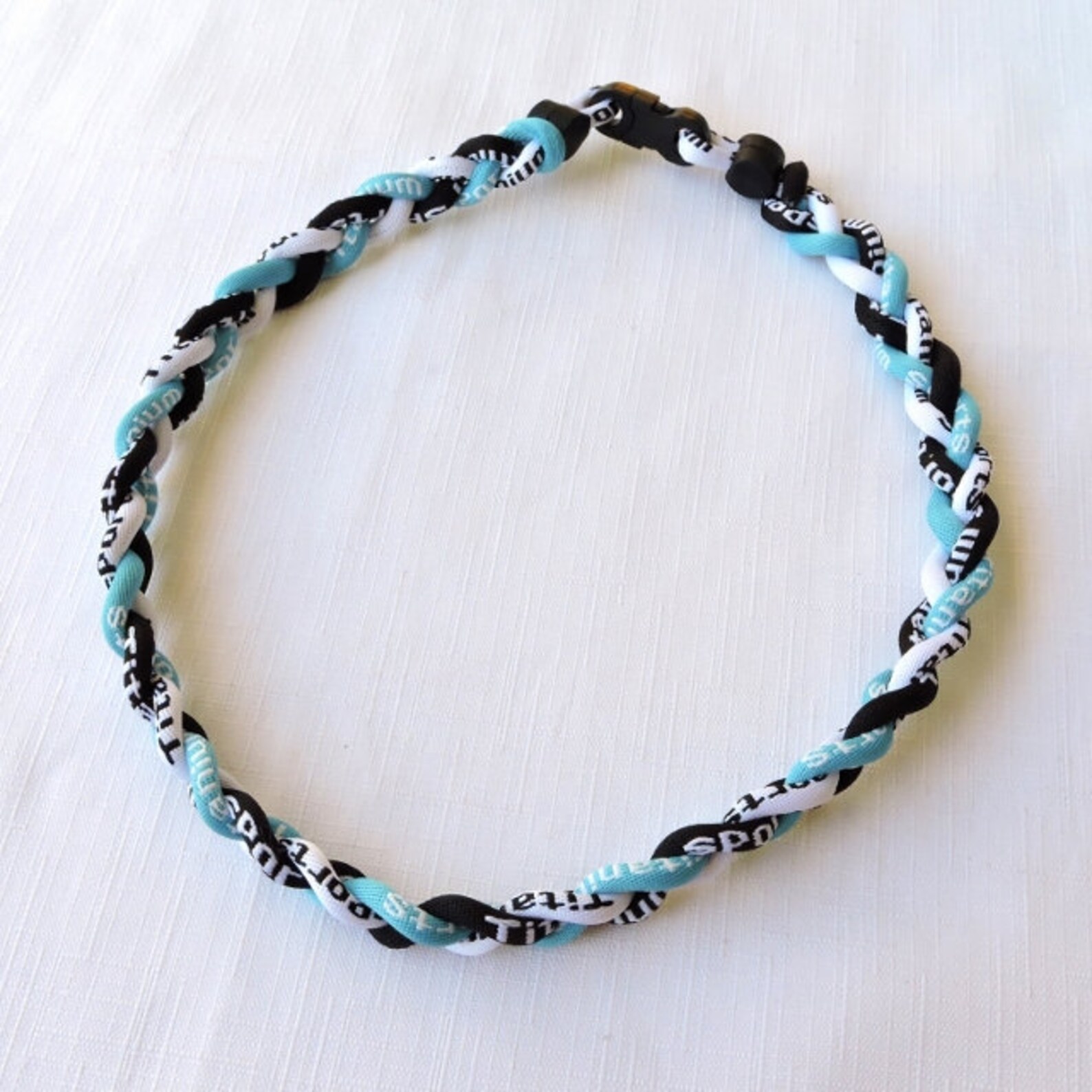 Woven Titanium Sports Necklace Light Blue, Black and White Sports
