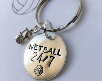 Netball 24/7 - netball keyring, hand stamped metal disc key ring with 'I love netball' charm or '#1 coach' charm