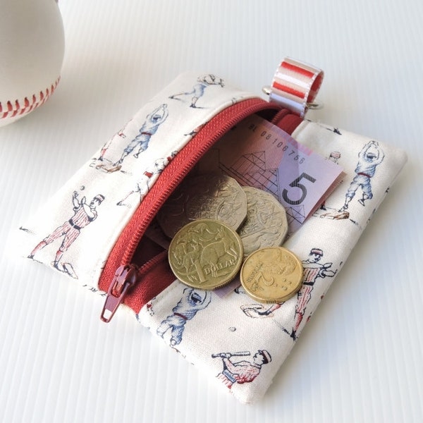 Zip purse, keychain, bag clip, coin purse in vintage styled baseball fabric