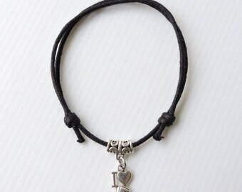 NETBALL BRACELET -  bracelet with an I love netball charm, black waxed cotton cord, adjustable