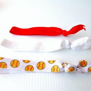 Softball hair ties snagless hair ties set 3 softball, plain red, plain white elastic image 4