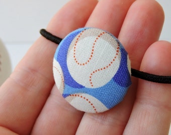 Baseball fabric covered button hair elastic - single pony tail holder - 29mm button - blue