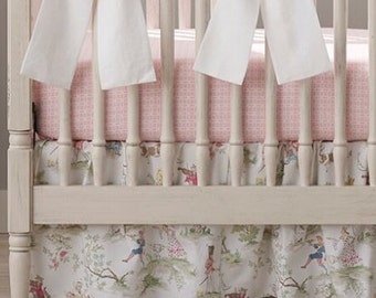 Nursery Rhyme Toile Gathered Crib Skirt | Over the Moon fabric